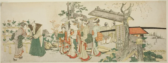 Um grupo de moças entrando no jardim de um horticultor