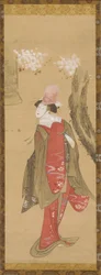 Uma dançarina, Kiyohime, uma cerejeira e o sino do Dojo-ji, final do século XVIII e início do século XIX.