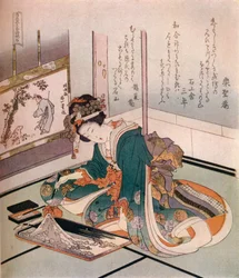 Uma mulher fazendo um modelo em miniatura do Monte Fuji, c1823.