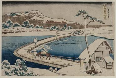 Uma imagem antiga da ponte de barco em Sano, na província de Kozuke ..., no início da década de 1830.