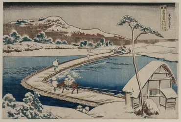Uma imagem antiga da ponte do barco em Sano na província de Kozuke da série Curious Views of Famous Bridges in the Provinces