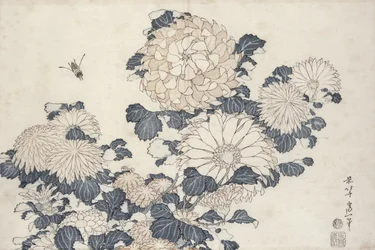 Abelha e crisântemos, da série &39;Big Flowers&39; (impressão em xilogravura a cores)