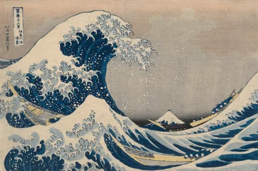 Por baixo das Ondas de Kanagawa, também conhecida como A Grande Onda, da série Trinta e Seis Vistas do Monte Fuji