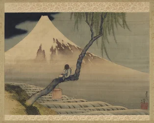 Menino vendo Monte Fuji, 1839 (tinta e cor na seda)
