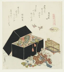 A casca do pardal Suzumegai (título no objeto) Uma comparação de poemas e conchas de Genroku (título da série) Genroku kasen kaiawase (título da série no objeto)