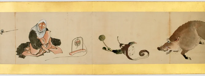 Detalhe do Handscroll com diversas imagens, período Edo, 1839 tinta e cor em papel