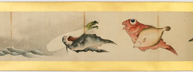 Detalhe do Handscroll com diversas imagens, período Edo, 1839 tinta e cor em papel