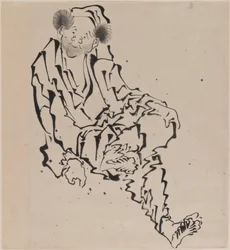Desenho de um homem sentado com a perna esquerda apoiada no joelho direito (tinta no papel)