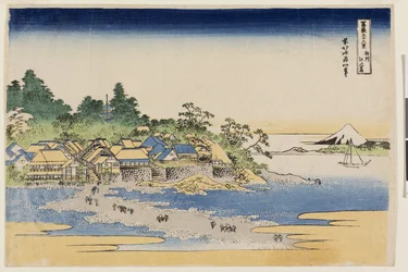 Fuji da ilha de Enoshima na província de Sagami, da série Trinta e Seis Vistas do Monte Fuji, início da década de 1830