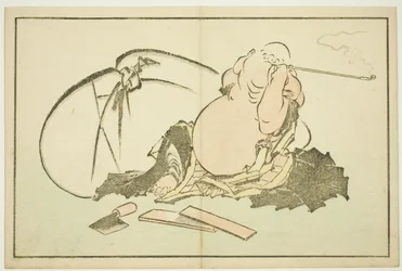 Hotei fumando seu cachimbo, do livro ilustrado de pinturas realistas de Hokusai (Hokusai shashin gafu)