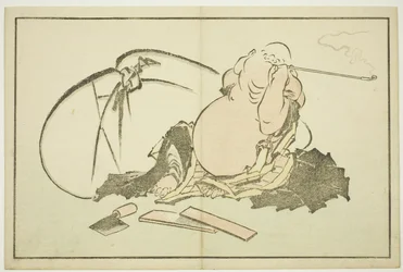 Hotei Smoking his Pipe, de The Picture Book of Realistic Paintings of Hokusai (Hokusai shashin gafu), c.1814 (xilogravura a cores (folha de álbum))