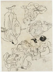 Figuras diversas: prazeres de verão, figuras sentadas na varanda e (abaixo) Samurai, período Edo (tinta sobre papel)