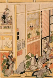 Dia de Ano Novo na casa de chá Ogi-ya. c.1810 (impressão em xilogravura a cores) (para conjunto ver 277765 e 277797-277798)