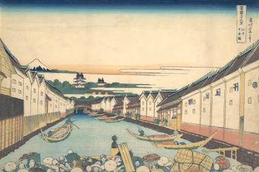 Nihonbashi em Edo Edo Nihonbashi, da série Trinta e Seis Vistas do Monte Fuji ..., ca. 1830-32.