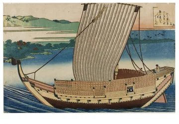 N.º 18. A cena, um junco a navegar num mar calmo, passando a Baía de Suminoye em Settsu, da série Os Cem Poemas explicados pela Enfermeira, c.1835-1836 (xilogravura sobre papel)