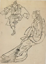 Velha sentada em banco diante de quem dança um homem com leque, final do século XVIII e início do século XIX.