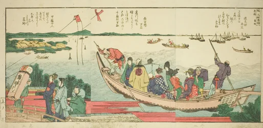Páginas do livro ilustrado "Vistas panorâmicas ao longo das margens do rio Sumida (Ehon Sumidagawa ryogan ichiran)"