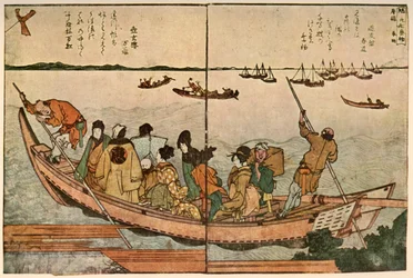 Passageiros em um barco que atravessa o rio Sumida no Japão, c1804, 1924.