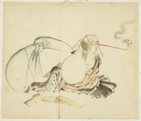Hotei sentado fumando um cachimbo, ca. 1815-1849 (tinta e cor no papel)