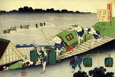 Série de cem poemas de cem poetas: "Fujiwara no Michinobu Ason" Pequenas Cabines de Transporte - Impressão de Katsushika Hokusai (1760-1849) (escola ukiyo-e) cerca de 1830 Estado Hermitage São Petersburgo
