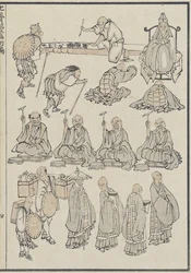 Esboços de sacerdotes budistas, c. 1840 (impressão em xilogravura)