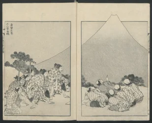 Deslizando para a esquerda, The Opening of Fuji à direita de Cem Vistas do Monte Fuji, 1834.