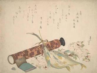 Natureza-morta: Ramo duplo de flor de cerejeira, telescópio, peixe doce e estojo de lenços, c..., ca. 1804-13.