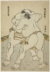 Os lutadores de sumo Uzugafuchi Kandayu e Takasaki Ichijuro