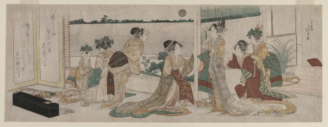 Tsukasa e outros cortesãos de Ogiya observando o nascer da lua de outono ..., 1799.
