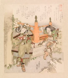 Dois guerreiros a fumar cachimbo à entrada de uma ponte, c.1825 (xilogravura a cores)