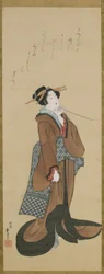 Mulher, segurando, um, tabaco tabaco, Edo, período, c.1814-15, (ink, e, cor, ligado, silk)