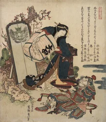 Mulher derramando líquido de um barril em uma xícara grande realizada por um guerreiro, c. 1820-1821