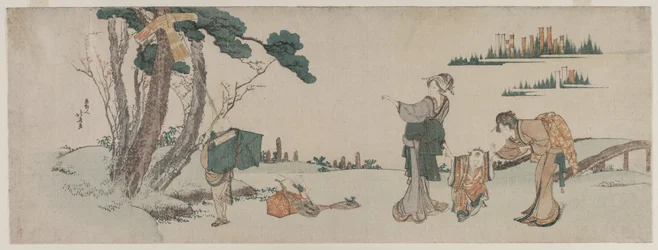 Mulheres que distraem uma criança cuja pipa é apanhada em uma árvore, c. 1800.