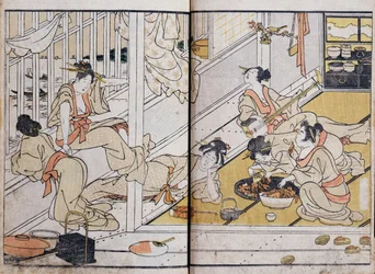 Mulheres comendo, de um mangá (impressão xilogravura colorida)