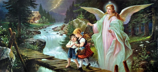 Um anjo da guarda protege duas crianças que atravessam um rio numa velha ponte de madeira, no início do século XX (cromolitografia)