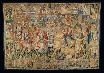 Museu Paroquial das Tapeçarias (Museu Paroquial das Tapeçarias de Pastrana). tapeçaria flamenga. Carlos Magno, entrada triunfal na Carmânia (Alexandre, o Grande, entrada triunfal na Carmânia).