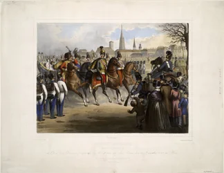 Nicholas I da Rússia como coronel chefe do 9º Regimento Hussar "Graf Nadasdy" na Glacis em Viena em 30 de Dezembro de 1845 - Katzler, Vinzenz (1823-1882) - 1846 - Litografia a cores - 39x50,4 - Colecção Privada