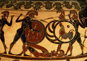 Detalhe de um vaso coríntio mostrando uma batalha hoplita, c.600 aC (terracota)