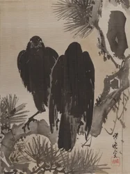 Dois corvos em um galho de pinheiro, ca. 1887