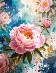Aquarela de peónias cor-de-rosa