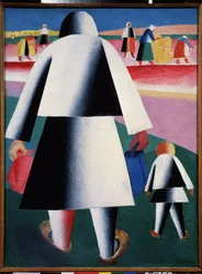 Para a Colheita (Martha e Vanka). Uma mãe e uma filha, representadas por trás, caminham em direcção a um grupo de mulheres curvadas a trabalhar nos campos. Pintura por Kasimir Severinovich Malevich (Malevich, Malevic) (1878-1935), h