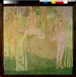 Esboço para uma pintura a fresco. Representação de santos com auréola, com rostos felizes, corpos nus, reunidos em um jardim de árvores floridas. Obra de Kasimir Severinovich Malevich (Malevich, Malevic) (1878-1935), te