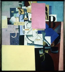 Dame au poste de poster (Lady at the poster post). Obra de Kasimir Severinovich Malevitch (Malevich, Malevic) (1878-1935), óleo sobre tela e colagem