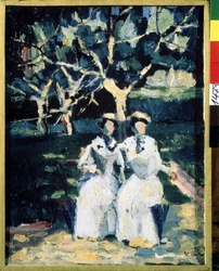 Deux femmes au jardin (Duas Mulheres no Jardim). Peinture de Kasimir Severinovich Malevitch (Malevich, Malevic) (1878-1935), huile sur toile, vers 1930. Art russe, 20e siecle, art moderne. Museu Estatal Russo, São Petersburgo.