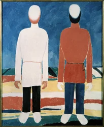 Duas figuras masculinas. Pintura por Kasimir Severinovich Malevich (Malevich, Malevic) (1878-1935), óleo sobre tela