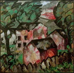 Paisagem com três casas vermelhas