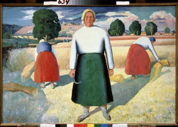 Colheitadeiras. (Ceifeiros). Cena de trabalho agrícola, mulheres curvadas fazem feixes de cereais no campo, um trabalhador em pé segura uma pequena foice voltada para o sol. Pintura de Kasimir Severinovich Malevich (Malevich, Malevic) (1878-19)