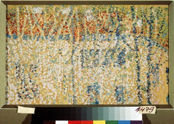 Paisagem (Paisagem). Obra de Kasimir Severinovich Malevich (Malevich, Malevic) (1878-1935), óleo sobre papelão