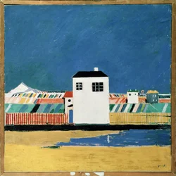 Paisagem com uma Casa Branca. Pintura de Kasimir Severinovich Malevitch (Malevich, Malevic) (1878-1935), óleo sobre tela, cerca de 1930. Arte russa, século XX, vanguarda, suprematismo, construtivismo. Museu Estatal Russo,