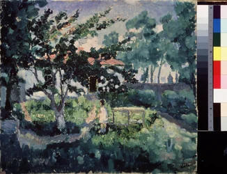 Paisagem de verão. Descrição do jardim de uma pequena casa de campo no verão, com uma criança aproveitando as férias de verão. Pintura de Kasimir Severinovich Malevich (Malevich, Malevic) (1878-1935), óleo sobre tela